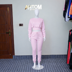 Custom OEM Women Pink Two Piece Tracksuit Set <b>Crop</b> <b>Top</b> Long Sleeve Sweatshirt High Waist Jogger Sweatpants Wholesale Tracksuit - Product Image 3