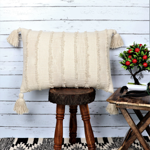 Hand Loom Woven Off White Textured Boho Fringe Cushion Cover Handmade Decorative <b>Pillow</b> <b>Case</b> for Sofa Bedroom Living Room Home - Product Image 1