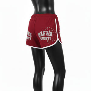 กางเกงขาสั้นผ้าโพลีเอสเตอร์ผสมสแปนเด็กซ์สีแดงเลือดหมู พรีเมียม 240 GSM แต่งแถบสีขาวที่ขอบเอว มีเชือกผูกเอว ประดับโลโก้ด้วยคริสตัล - Product Image 5