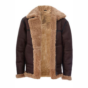 Chaqueta bomber clásica de piel de oveja 100% auténtica, color marrón, talla grande para hombre, para invierno, con forro de piel de borrego cálida. - Product Image 3