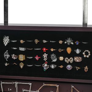 Armoire murale en bois brun foncé à 5 niveaux avec miroir intégré et 2 tiroirs pour rangement de bijoux et maquillage - Product Image 5