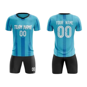 ชุดกีฬาฟุตบอลชาย เสื้อเจอร์ซีย์โพลีเอสเตอร์ 100% ระบายอากาศได้ดี พิมพ์ลายแบบซับลิเมชั่น ชื่อทีม ชื่อผู้เล่น และหมายเลข ชุดฟุตบอล - Product Image 6