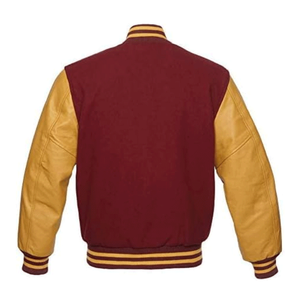 Blouson Bomber Homme Hiver Tendance en Laine Bordeaux avec Manches en Cuir Véritable Doré Chauffant et Écologique - Product Image 2