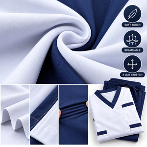 Ensemble d'uniformes médicaux unisexes à manches courtes, haut col en V et pantalon bleu marine, en tissu polyester tissé, avec détection d'aiguilles, sans coutures, pour hôpital - Product Image 5