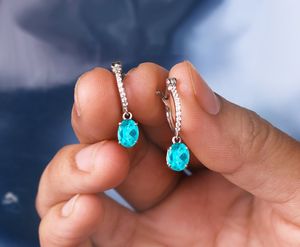 Boucles d'oreilles clous en tourmaline Paraiba plaquées or, bijoux de luxe en pierres précieuses, cadeau pour elle, élégantes pour mariage, fête, anniversaire - Product Image 3