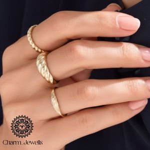 Charm Jewells Women's Yellow Gold Classic Engagement <b>Bands</b> Moissanite 10K/22K Gold Plated Geometric Pattern Prong Setting <b>Rings</b> - Product Image 4