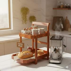 ตะกร้าผลไม้ไม้ 2 ชั้นสำหรับวางบนเคาน์เตอร์ครัว – ชั้นวางไม้ชีแชมเนื้อแข็งทำมือ – สถานีกาแฟอเนกประสงค์ - Product Image 3