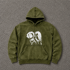 Sweat à capuche graphique oversize Olive, style streetwear délavé vintage, avec imprimé portrait artistique, en molleton de coton épais - Product Image 5