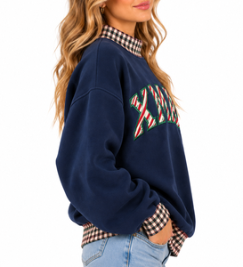 <b>Women's</b> Navy Blue <b>Christmas</b> <b>Sweatshirt</b> Candy Cane Xmas Letter Crewneck Plaid Collar Pullover - Product Image 3