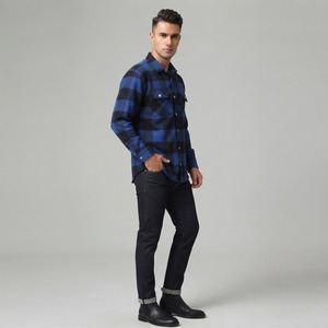 Chemise décontractée à manches longues en flanelle bleue à carreaux pour homme, col boutonné, manches longues, vêtement d'automne, 100% coton, anti-plis - Product Image 6