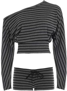 Women's Striped Knitted Crop <b>Top</b> And Shorts Set Off Shoulder Sleeveless Drawstring Waist Blue White Two Piece Outfit - Product Image 5