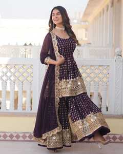 Sophisticated Heavy Faux Georgette Winter Gharara Set <b>Sequins</b> Embroidery <b>Flared</b> Plazzo Butter Crepe Inner Salwar Kameez - Product Image 1