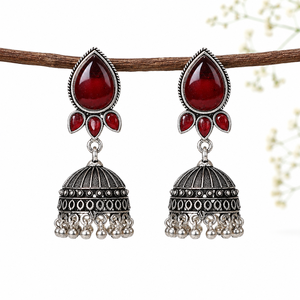 Oxidized <b>Silver</b> Red Stone Bollywood Jhumka <b>Earrings</b> Handmade Teardrop <b>Dangle</b> Ethnic Indian Statement <b>Earrings</b> for Women - Product Image 4