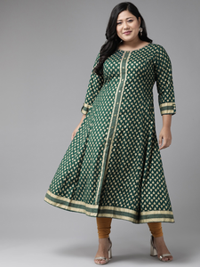 Kurta de Rayón Floral Verde Dorado al por Mayor, Talla Grande, Cuello Redondo, Mangas Tres Cuartos, Tela Premium - Product Image 3