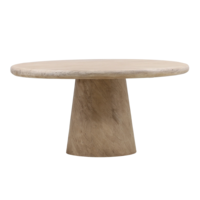 Table de salle à manger ronde en bois d'acacia massif, finition beige sablée, avec base sur piétement, idéale pour bistrot, maison, cuisine ou restaurant