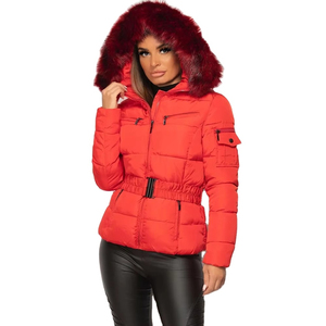 Women's Red <b>Quilted</b> Winter Jacket With Fur Hood Zipper Closure Full Sleeve Polyester Wadding <b>Thick</b> Puffer Coat - Product Image 1