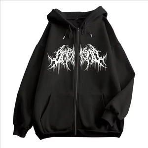 Sudadera con capucha gótica negra para hombre, con cremallera, forro polar oversize, transpirable, estilo urbano, estampado frontal, manga regular, estilo invierno - Product Image 1