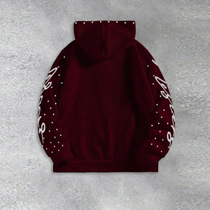 Sweat-shirt à capuche pour homme, rouge, avec strass, motif Jésus, coupe oversize, fermeture éclair, style streetwear, avec design couronne d'épines - Product Image 3