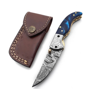 Couteau pliant en acier Damas, manche en résine bleu saphir, doublure en laiton, couteau de poche pour la chasse et le camping, fabricant - Product Image 6
