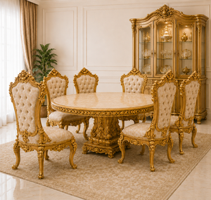 Juego de Mesa y Sillas de Comedor de Lujo de Madera Maciza de Estilo Neoclásico Real con Acabado Dorado, Forma Ovalada, 6 Sillas, Muebles para el Hogar de Estilo Antiguo - Product Image 4