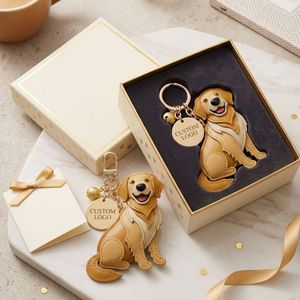 Premium Tan PU <b>Leather</b> Animal Bag Charm featuring Personalized Custom Gold Tag Golden Retriever <b>Keychain</b> - Product Image 4