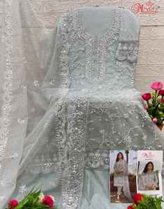 Premium Organza Shalwar Kameez Set con bordado Bits Work Santoon Patch Bottom y Dupatta bordada para adultos - Product Image 1