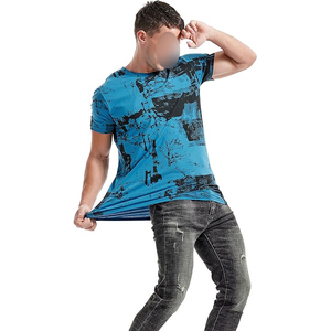 Men's Blue Black Printed Short Sleeve T-<b>Shirt</b> Slim Fit O-Neck Casual Sporty Knitted Breathable Polyester <b>Shirt</b> - Product Image 5