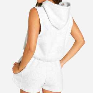 Top Quality Summer Wear Cotton Solid <b>Colour</b> Sweat Hoodie And Shorts <b>Set</b> Sleeveless Short Top Hoodie - Product Image 2
