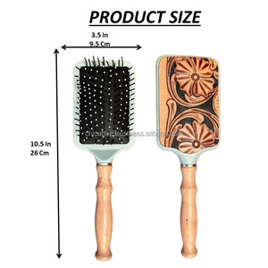 Nouveau à la mode grand massage carré cuir chevelu usiné à la main brosse à cheveux en bois coussin en cuir véritable peigne de Massage pagaie brosse à cheveux - Product Image 2