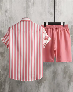 Pink Flamingo Print Polyester/Cotton Slight Stretch Short Sleeve Shirt with Matching Shorts Set for Boys Casual Wear - Product Image 2