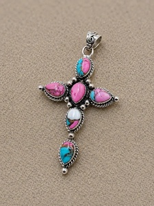 Pendentif Croix Turquoise Coton Sucré Tendance Chrétien Bohème du Sud-ouest Bijoux en Laiton Plaqué Argent - Product Image 3