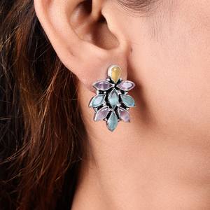 Oxidized Silver Brass Boho Tribal Ethnic Stud Earrings Multi Color Onyx Floral Vintage Indian Bohemian Party Gift for Women - Product Image 3
