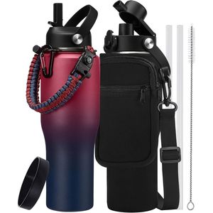 Borraccia Sportiva Isolata con Cannuccia, Adatta a Qualsiasi Portabicchieri Auto, Coperchio con Beccuccio in Acciaio, Borsa con Manico in Paracord - Product Image 1