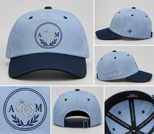 Custom <b>Wedding</b> Five Panel Cap Light Blue Crown Navy Visor Embroidered Couple Initials Rings Date Premium Cotton Twill Headwear - Product Image 4