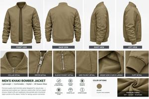 <b>Mens</b> <b>Khaki</b> Spring Casual Solid Windproof Bomber Jacket Lightweight Zipper Closure with Stand Collar Utility Sleeve Pocket - Product Image 6