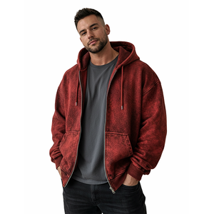 Sudadera con capucha de alta calidad 100% algodón, roja, con lavado ácido, cremallera completa, forro polar grueso y cálido, estilo casual urbano, holgada, de secado rápido. - Product Image 4