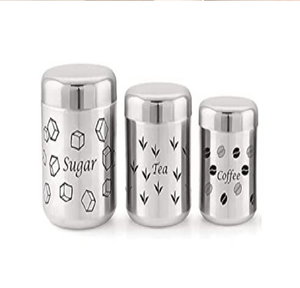 Three Sleek Shiny Brass Copper Steel Storage Jars clear Thematic Prints Flip Top Lid Classic Design for Sugar Tea Coffee - Product Image 1