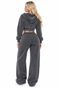 Women Lined Solid <b>Rhinestone</b> Wide Leg Hooded Tracksuit Set <b>Cropped</b> Zip up Hoodie and Matching Sweatpants Casual Winter Outfit - Product Image 4