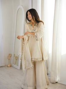 Elegant Beige Mirror Work <b>Kurta</b> Sharara Set with Dupatta | Designer Ethnic Wear Suit for <b>Women</b> | Festive Wedding Party Wear - Product Image 2
