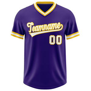 Camiseta de Béisbol Personalizada, Transpirable, de Malla, Blanca, Morada y Dorada, Cuello en V, Manga Corta, Unisex, Corte Regular, con Nombre del Equipo Impreso, 100% Poliéster - Product Image 5