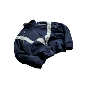 Men's Navy Blue Windproof <b>Racer</b> <b>Jacket</b> With Gray Color Blocking Stand Collar Zipper Closure Regular Fit Autumn Sporty Style - Product Image 1
