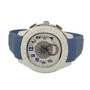 Montre de luxe pour homme, boîtier argenté, moissanite, cadran en cristal de saphir argenté, chronographe, mouvement à quartz ETA, bracelet en silicone, 28 mm, analogique - Product Image 1