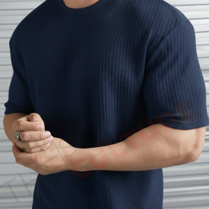 Custom Logo <b>Waffle</b> Knit T <b>Shirt</b> for Men Breathable Cotton Oversized Drop Shoulder Short Sleeve Solid Color Printed - Product Image 2