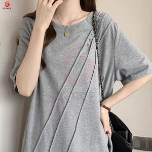 เสื้อยืดคอกลมโอเวอร์ไซส์สำหรับผู้หญิง ผ้าฝ้าย 100% ระบายอากาศได้ดี เป็นมิตรกับสิ่งแวดล้อม แขนสั้น ทรงบ็อกซี่ ทันสมัย - Product Image 1