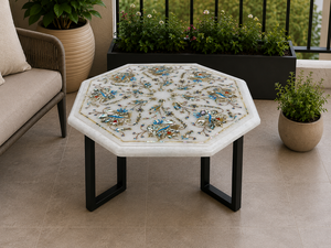 Table basse de luxe en marbre blanc incrusté, faite à la main, pierre précieuse Pietra Dura, écologique, Art Déco, pour bureau, Diwali, anniversaire, adieu - Product Image 4