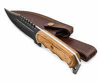 Couteau de chasse Bowie en acier Damas, manche en bois, lame à pointe tombante dentelée, étui en cuir personnalisé, garantie OEM de 2 ans, qualité DIY