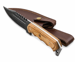 Cuchillo Bowie de Caza de Acero de Damasco con Mango de Madera, Hoja Serrada de Punta Caída, Funda de Cuero Personalizada, Grado DIY - Product Image 5