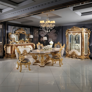 Ensemble de meubles de salle à manger classique européen haut de gamme 10 pièces en bois massif, sculpté à la main, écologique et durable, avec buffet - Product Image 1