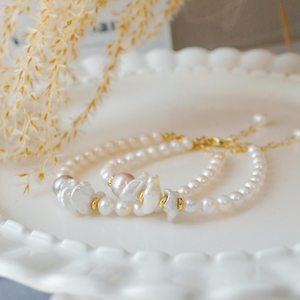 Natural Iridescent Pearl Bracelet Dainty Gold Wedding Jewelry Handmade Baroque Keshi Pearl Bridal Gift - Product Image 3