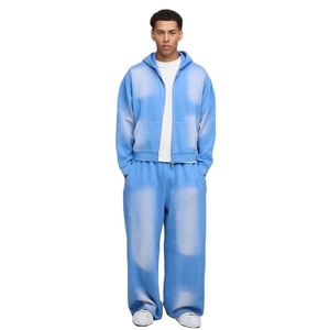 Ensemble survêtement unisexe personnalisé avec sweat à capuche bleu à fermeture éclair et pantalon de jogging large, design ample et carré, imprimé brodé sur le devant, streetwear, lavage plus, hiver - Product Image 1